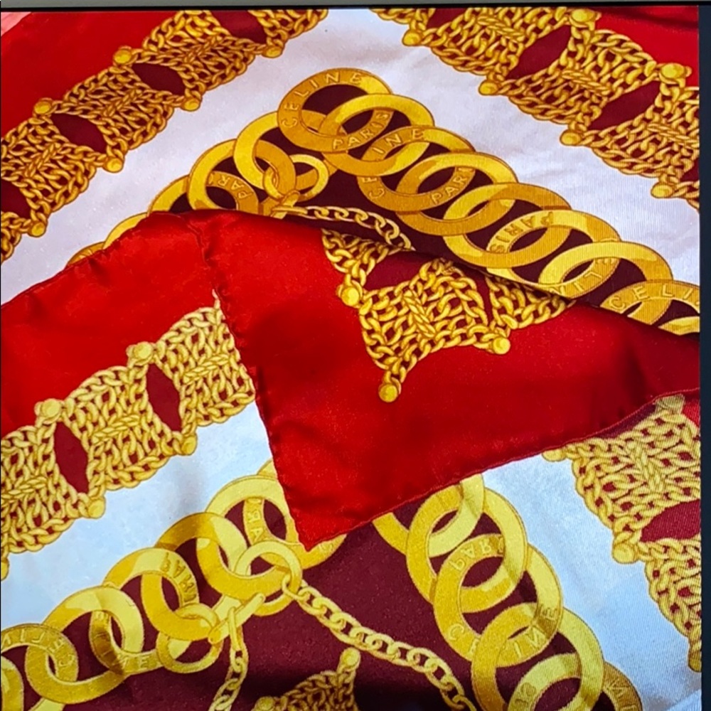 Celine 💯 Silk Red Gold Logo Scarf Made in Italy 🇮🇹 Never Used - Picture 3 of 4